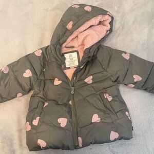 GAP Kids Gray Puffer Jacket with Pink Hearts